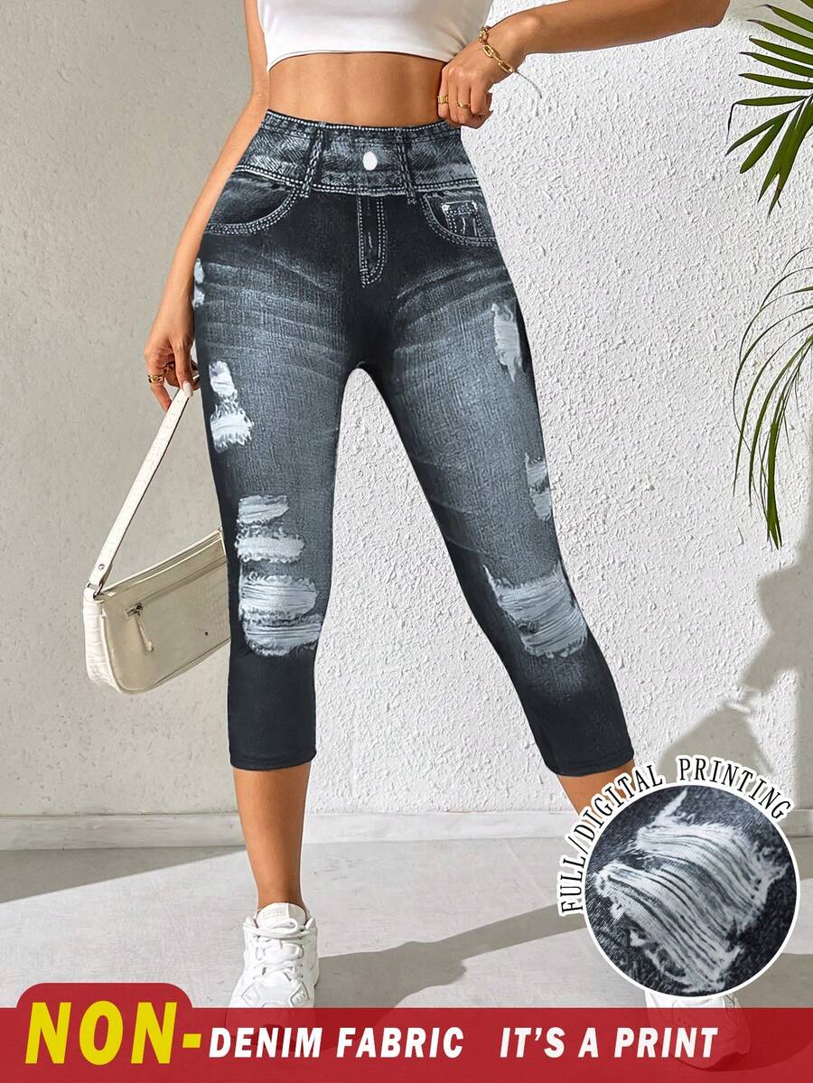 INAWLY Quần legging Capri họa tiết denim cạp chun cho nữ thường ngày - Nhiều màu - Xem 1