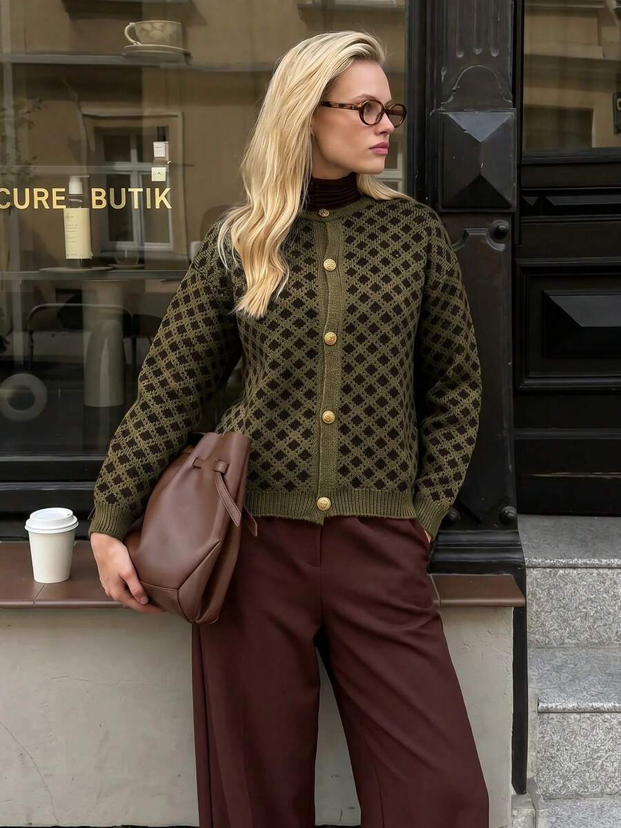 SHEIN Vintage Geo Pattern Contrast Trim Button Front Cropped Knit Cardigan Round Neck Long Sleeve Brown Green Textured Sweater Jacket - Green - View 1