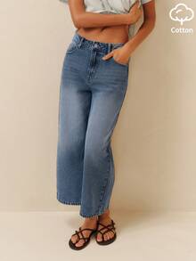 lacRébo High Waist Wide Leg Cropped Denim Jeans Washed Distressed French Style Streetwear Casual Pure Cotton Holiday Aqua Blue Autumn Everyday - Dark Wash - View 1
