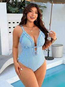 Swim Mod 2026 New Summer Beach Vacation Vacation Sexy Baby Blue Animal Print Ruffle Trim Plus Size One-Piece Swimsuit, Suitable For Vacation And Party - Blue - View 3