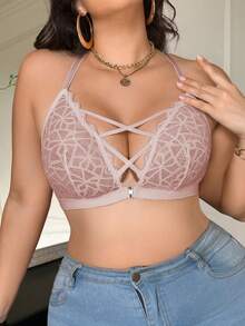 SHEIN 前扣式蕾絲大尺碼無鋼圈內衣，1件裝 - 杏色 - 查看 5