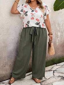 SHEIN CURVE+ Plus Size 2pcs/Set Casual Boho All-Over Print Shirt And Solid Color Pants Summer Outfits For Women Flowy Pants Easter Bohemia Beach Vacation Pink - Green - View 8