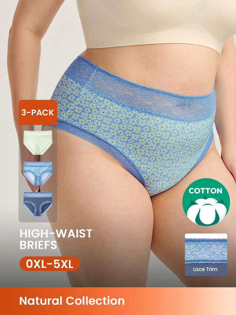 LUVLETTE Plus 3-Pack Lace Trim Cotton High-Waist Briefs Women Underwear Panties Set- Floral Print Lace Trim--Blue