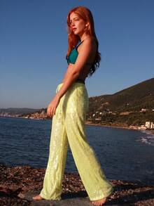 SILVIA DI SANTO Women's Fashion Casual Sequin Lace-Up Straight Leg Pants Yellow - Yellow - View 5