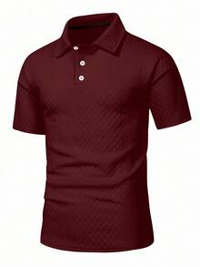 Manfinity Homme 男士大尺碼不對稱提花落肩休閒短袖 Polo 衫，適合日常穿著、度假，送給丈夫/男友的禮物 - 酒紅色 - 查看 4