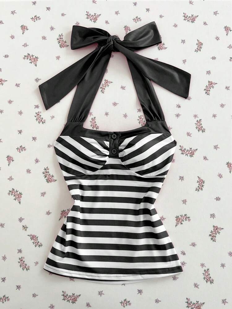 Elamini Tank Top Wanita Kasual Model Halter dengan Motif Garis dan Kancing - MultiWarna - View 6
