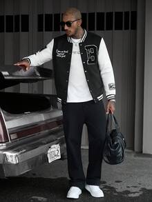 SLATEMANN Men's Letter Pattern Striped Long Sleeve Single-Breasted Baseball Jacket - Black - View 1