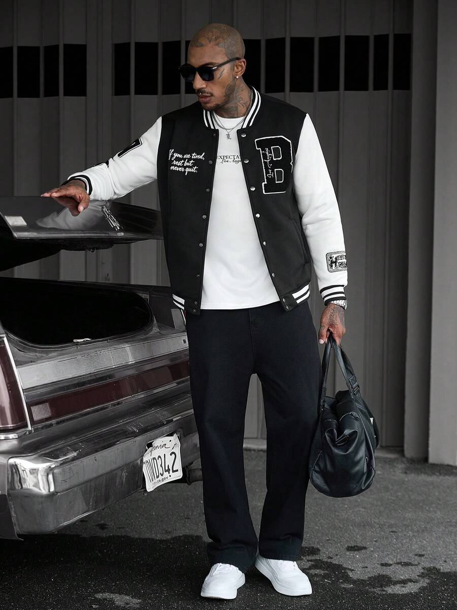 SLATEMANN Men's Letter Pattern Striped Long Sleeve Single-Breasted Baseball Jacket - Black - View 1