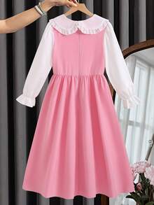 Vestido de niña preadolescente con bloques de color, patchwork y doble bolsillo - Rosa - Ver 2