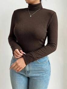 SHEIN PETITE CURVE Plus Size Autumn/Winter Casual Solid Color Turtleneck Warm T-Shirt Fall - Coffee Brown - View 3