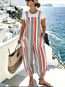 SHEIN LUNE CURVE Mono de verano casual holgado estilo francés vintage elegante para vacaciones y oficina con bolsillos estampado de rayas blanco integral formal para playa - Multicolor - Ver 1