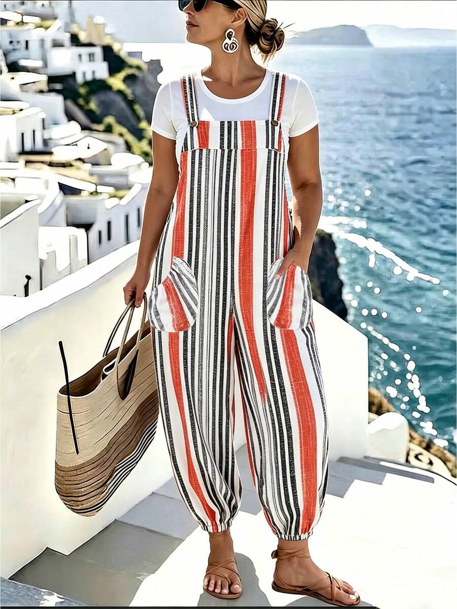 SHEIN LUNE CURVE Mono de verano casual holgado estilo francés vintage elegante para vacaciones y oficina con bolsillos estampado de rayas blanco integral formal para playa - Multicolor - Ver 1