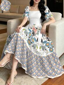Modelyn 女款花卉印花方領短泡泡袖優雅中長洋裝 - 彩色 - 查看 1