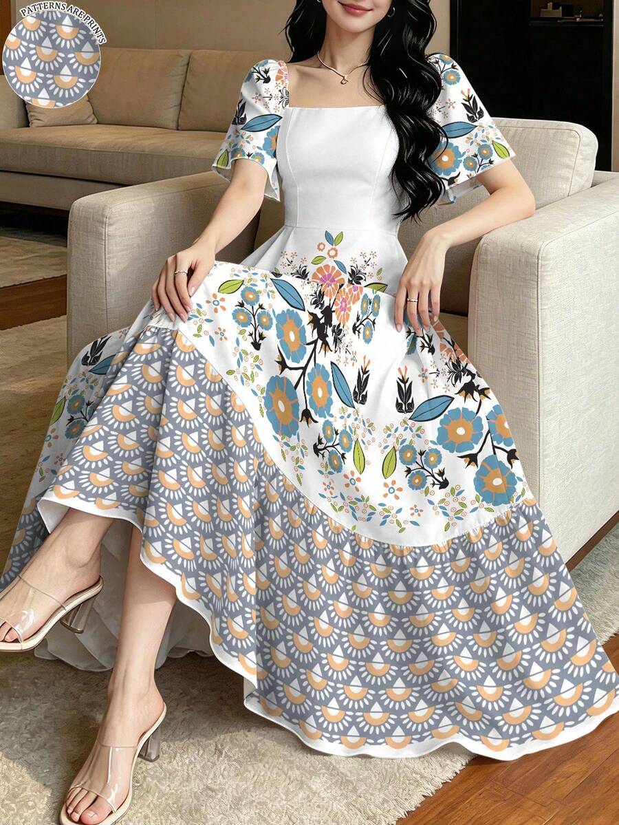 Modelyn 女款花卉印花方領短泡泡袖優雅中長洋裝 - 彩色 - 查看 1