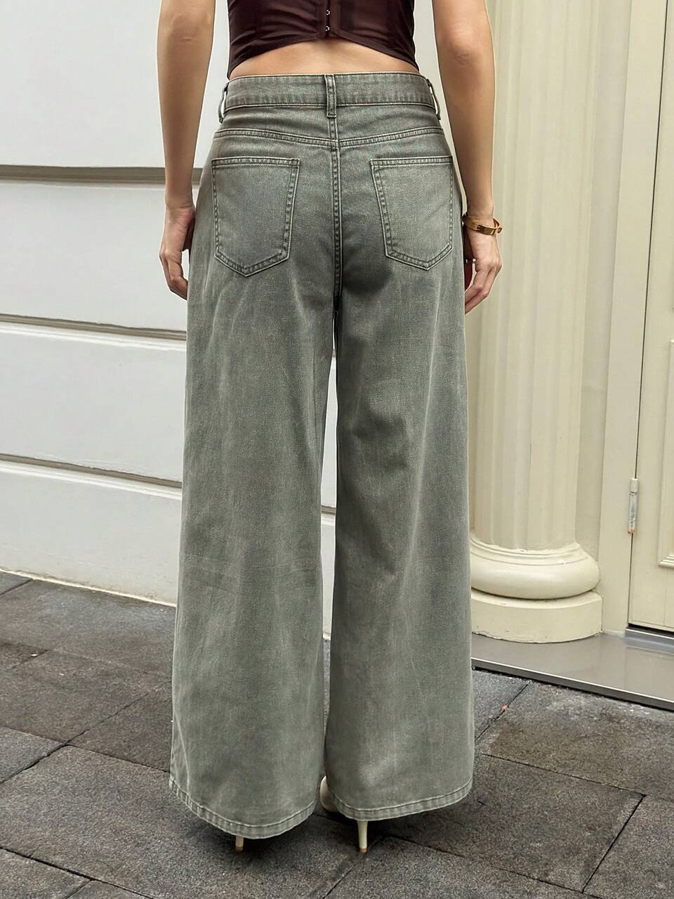 Women's Casual Everyday Commute Minimalist Versatile Solid Color Loose Wide-Leg Jeans, Belt Not Included Going Out Olive Green Summer