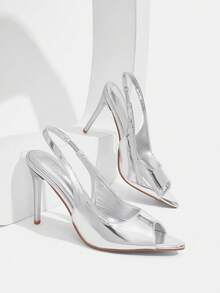 CUCCOO SZL حذاء كعب عالي فضي للنساء بتصميم Slingback وكعب رفيع وفتحة أصابع - فضي - مشاهدة 1