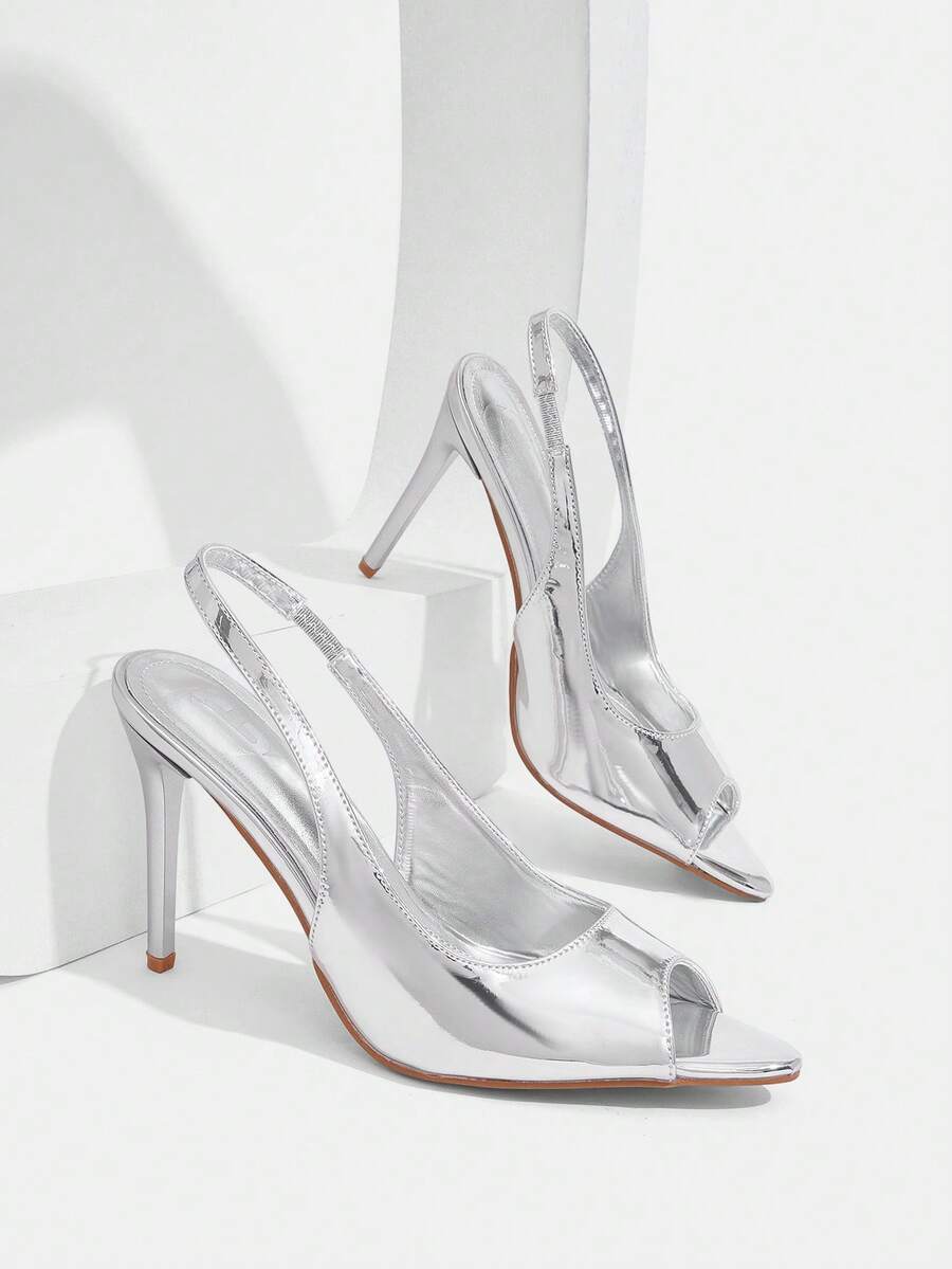 CUCCOO SZL حذاء كعب عالي فضي للنساء بتصميم Slingback وكعب رفيع وفتحة أصابع - فضي - مشاهدة 1