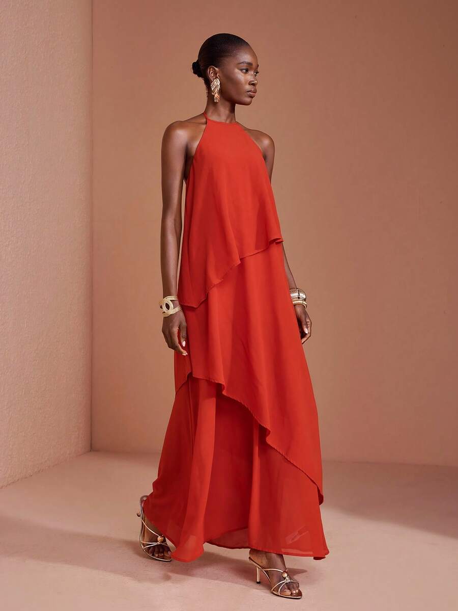 JIAN LASALA Chiffon Halter Neck Sleeveless Overlapped Ruffle Hem Long Dress Party Elegant Vacation - Orange - View 1