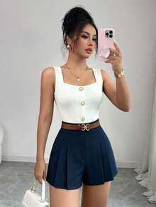 Elenzga Women's Solid Color Button Design Camisole And Pleated Shorts 2 Pieces Set - Multicolor - View 2