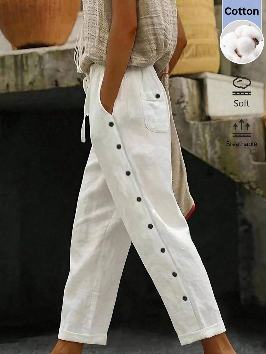 EMERY ROSE Women's Solid Color Waist Tie Pocket Button Design Casual Boho Cropped Pants Going Out Holiday Vacation Outfits White Summer
