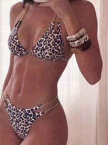 Swim Vcay Bikini sexy para mujer 2026 Primavera/Verano con copa triangular, cuello halter, estampado de leopardo, estilo sexy, decoración de cadena metálica, conector de anillo dorado, corte alto, adecuado para playa, piscina y escenas costeras - Negro - Ver 1