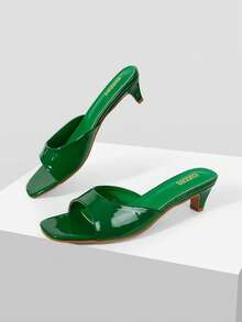 Mnmlis Sandalias de tacón medio de cuero charol verde brillante estilo minimalista francés - Verde - Ver 3