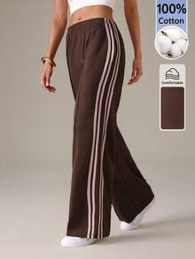 SHEIN Tall Women's Elastic Waist Side Stripe Wide Leg Loose Casual Sports Pants, Back To School - Brown - View 5