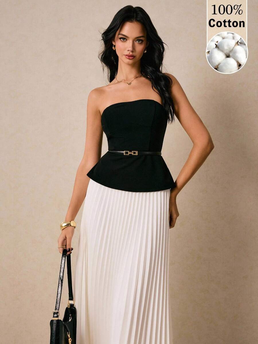 Poéselle 女款純色抹胸上衣與百褶裙休閒日常兩件套 - 黑與白 - 查看 1