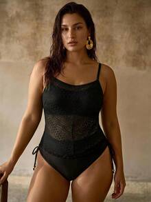 MOTF PREMIUM PLUS SIZE WOMEN'S LACE PATCHWORK SEMI-SHEER TANKINIS TOP, VACATION SWIMWEAR - Black - View 7