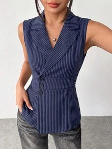 SHEIN Unity V領無袖抓皺設計時尚高級優雅通勤風女款夏季輕便西裝外套 - 藍色 - 查看 1