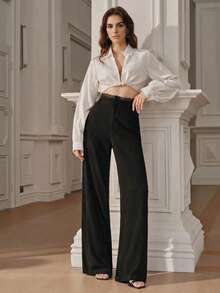 Anewsta Pantalones de traje negro de mujer de cintura alta con volantes, versátiles, casuales y de lino para vacaciones de verano - Negro - Ver 8