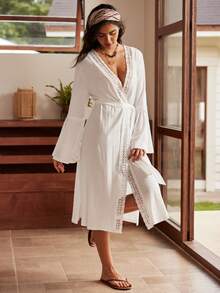 Lullawish Jubah Panjang Rajut Katun Kasual Gaya Bohemian untuk Liburan Wanita - Putih - View 3