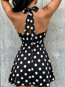 Cévolie Vestido mini de línea A con volantes, estampado de lunares, con cuello halter y espalda con lazos, estilo retro francés chic - Negro - Ver 4