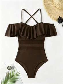 SHEIN Swim Traje de baño de una pieza con volantes, hombros descubiertos y cuello halter de unicolor para mujer para vacaciones - Café integral - Ver 6