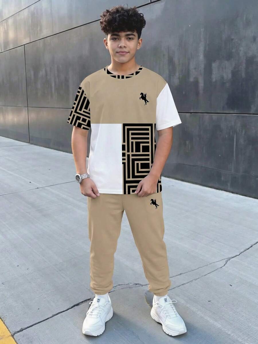 兒童青少年男孩休閒舒適時尚簡約圓領短袖T恤與長褲套裝,圓領短袖T恤與短褲休閒套裝 - 彩色 - 查看 1