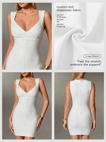 Nuvra Ribbed V-Neck Waist-Defining Hip-Enhancing Bandage Women's Dress Night Out Club All White Summer Wedding Sexy - White - View 3