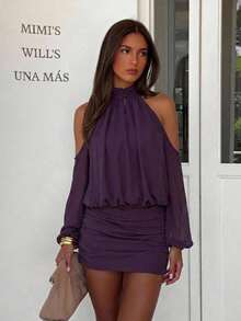 Aloruh Vestido mini para mujer con hombros descubiertos, mangas de farol, parte superior holgada y Bottom ajustada - Morado - Ver 9