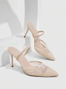 CUCCOO SZL Women Shoes Multi-Color Mesh Embroidery Pointed-Toed Stiletto Mules Gentle Wedding Dress Style Spring And Summer Style Suitable For Wedding Dating - Apricot A - View 1