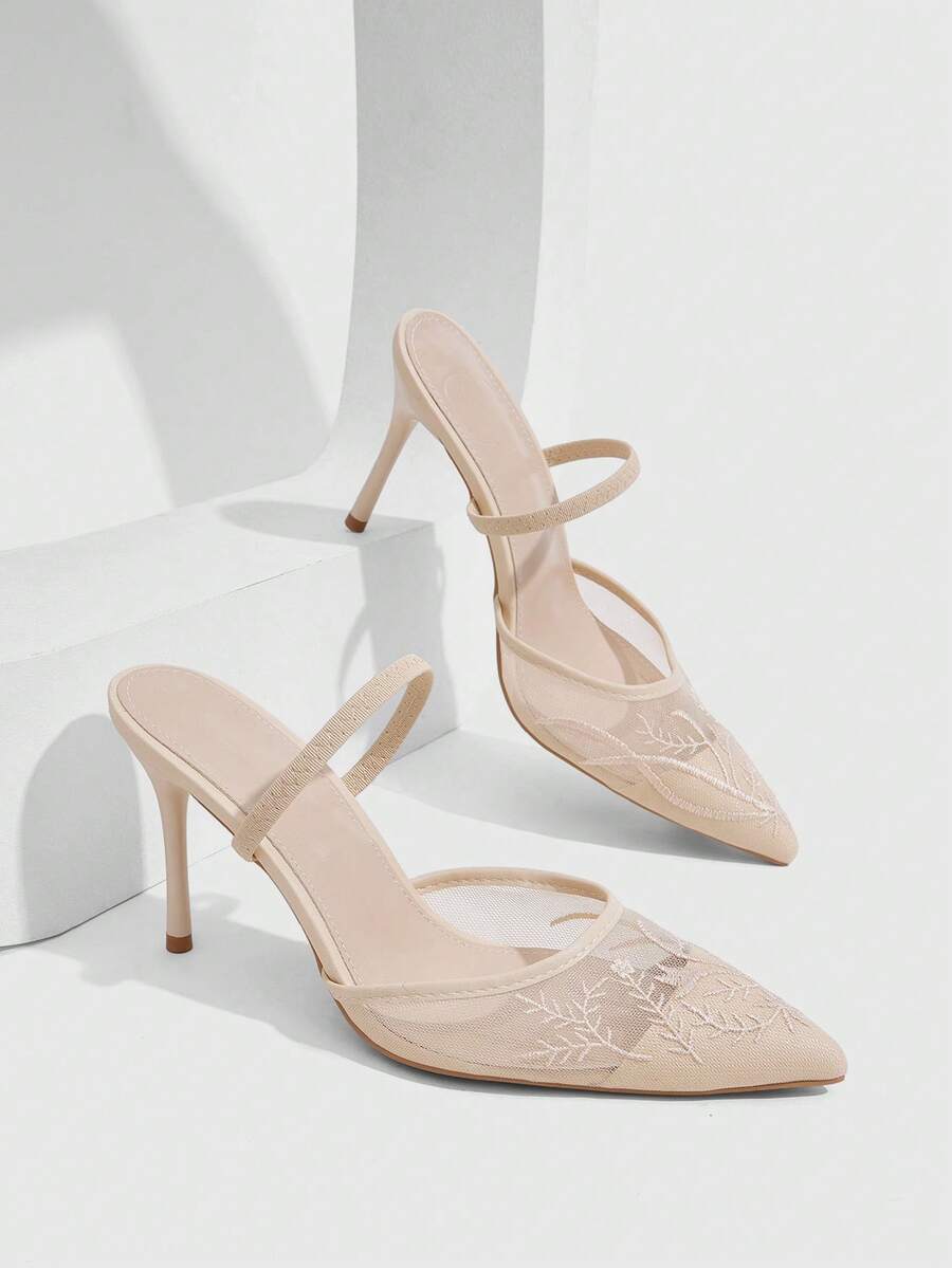 CUCCOO SZL Women Shoes Multi-Color Mesh Embroidery Pointed-Toed Stiletto Mules Gentle Wedding Dress Style Spring And Summer Style Suitable For Wedding Dating - Apricot A - View 1