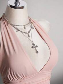 SHEIN ICON 大尺碼掛脖深V領收腰A字露背波點背心，復古Y2K掛脖波點背心，娃娃裝波點掛脖露背上衣 - 粉色 - 查看 7