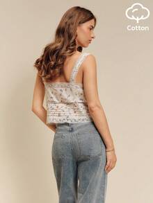 lacRébo Relaxed Romantic Floral Print Button Front White Cotton Top With Lace Neckline Summer Holiday Casual - Apricot - View 2