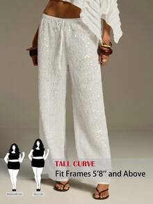 SHEIN Tall CURVE 大尺碼女款純色腰部綁帶亮片直筒長褲 - 白色 - 查看 1