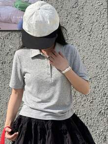 Dazy Kids 少女純色 Polo 領短袖休閒 T 恤 夏季 - 灰色 - 查看 6