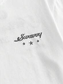 SWAVVY 男士夏季休閒標準尺寸寬鬆白色短袖T恤，正反面印花刺繡 - 白色 - 查看 6