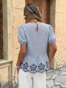 SHEIN LUNE 休閒女款夏季刺繡條紋純棉襯衫 - 彩色 - 查看 2