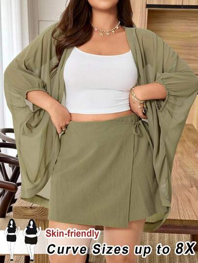 SHEIN CURVE+ Autumn New Casual 3-Piece Set For Outings Daily Wear Beach Formal Parties Commuting Music Festivals 7-Point Batwing Sleeve Loose Chiffon Jacket Skort