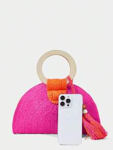 SHECARRY Ladies Round Wooden Arm Two-Color Straw Woven Handbag, Fashionable, Elegant, Simple ,  For Beach Holidays, Festivals, Summer Beach Party - Hot Pink - View 5