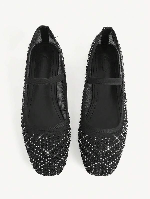 CUCCOO CHICEST Women Shoes Spring And Summer Fashion Black Full Diamond Mesh Elastic Band Women's Flat Shoes Elegant Comfortable Breathable Cute Sweet Mary Jane Flat