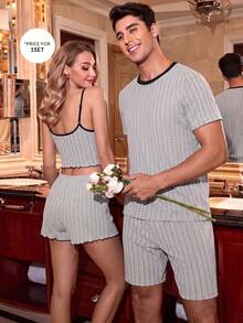 CoupledUp Men's Casual Knit Textured Colorblock Short Sleeve & Shorts Loungewear Set - Grey - View 7