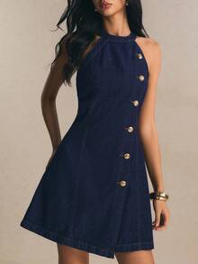 Poéselle Women's Autumn Casual Retro 70s Halter Neck Sleeveless Denim Dress, Commuter, Elegant, Date Everyday Brunch, Party, Navy Blue - Blue - View 5